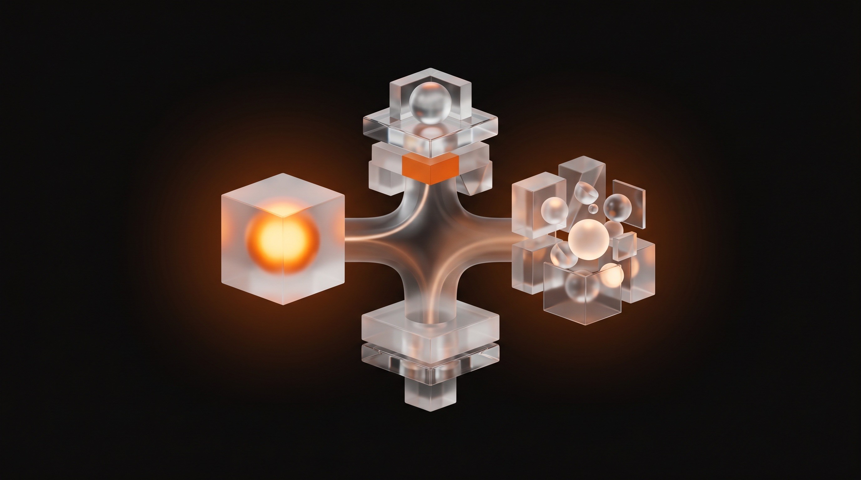 Abstrakte 3D-Illustration: ein einzelner leuchtender Glaswürfel gegenüber einem Cluster aus Formen — Freelancer versus Agentur.