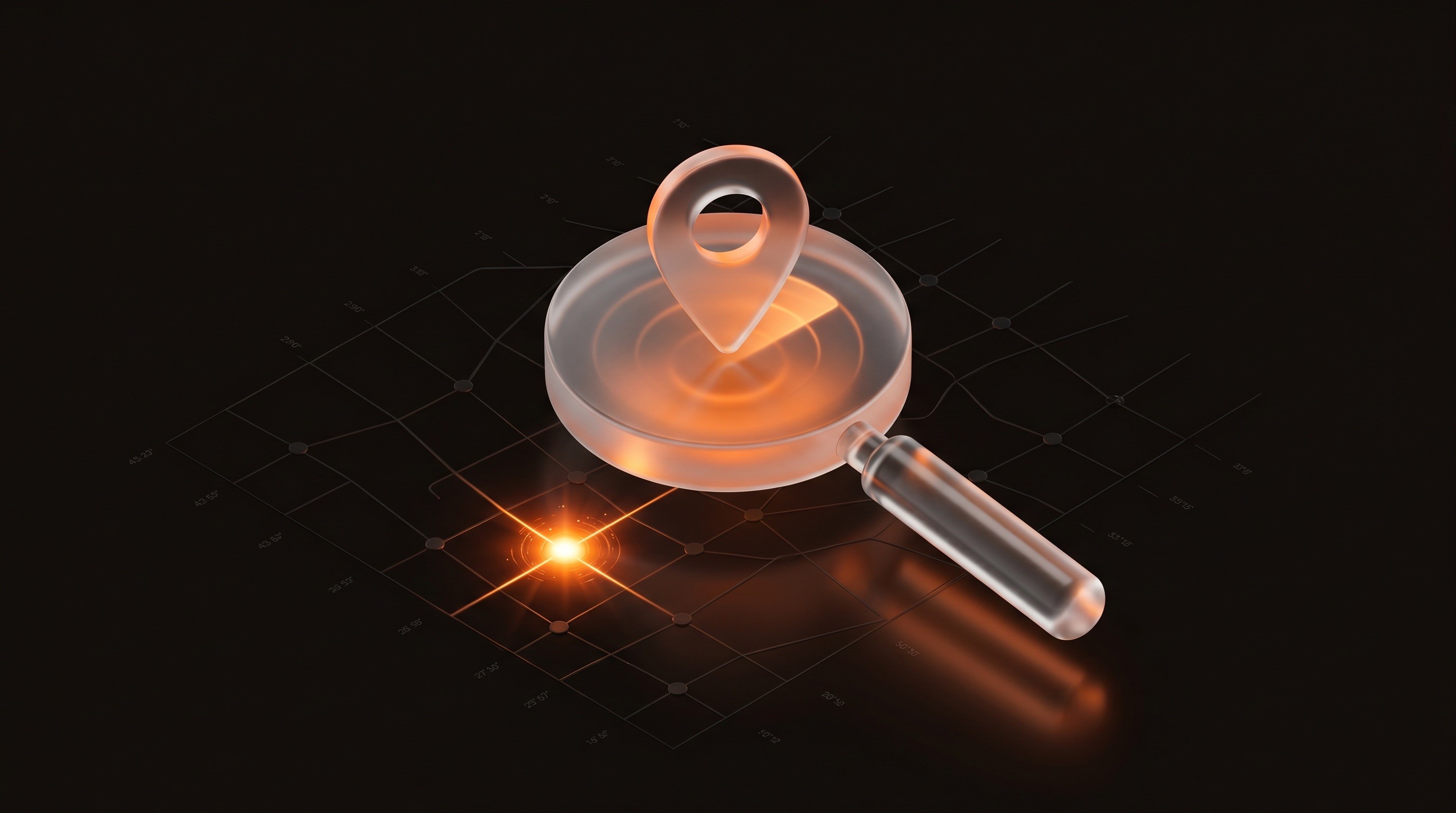 Abstrakte 3D-Illustration: leuchtende Lupe über einem Raster aus Karten-Pins — Sichtbarkeit und Auffindbarkeit bei Google.