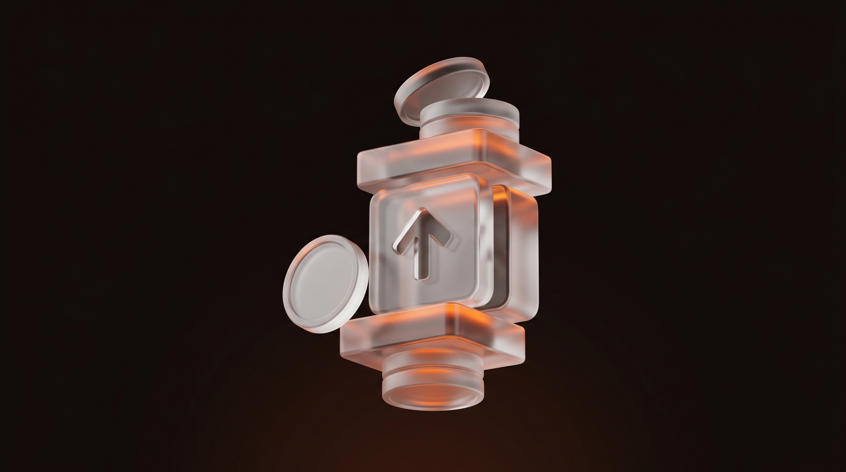 Abstrakte 3D-Illustration: gestapelte Glasblöcke mit Aufwärtspfeil und Münze — Symbol für transparente Website-Preise.