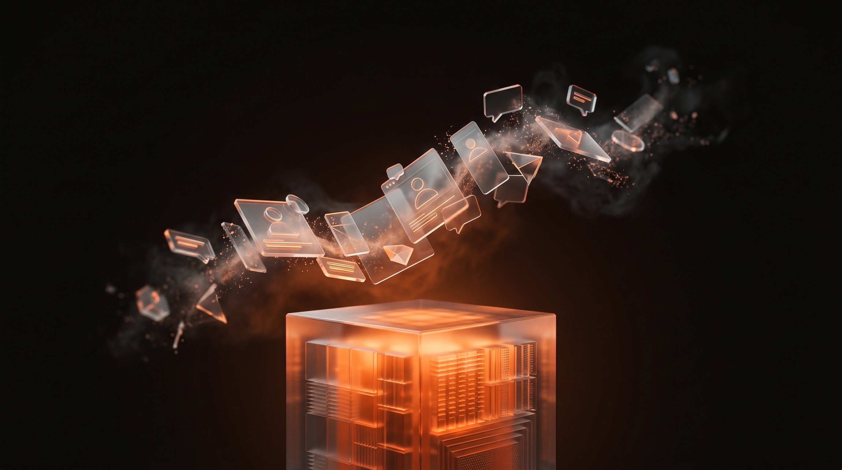 Abstrakte 3D-Illustration: ein solides leuchtendes Fundament gegenüber einer zerfallenden Social-Media-Form — eigene Website versus Instagram.