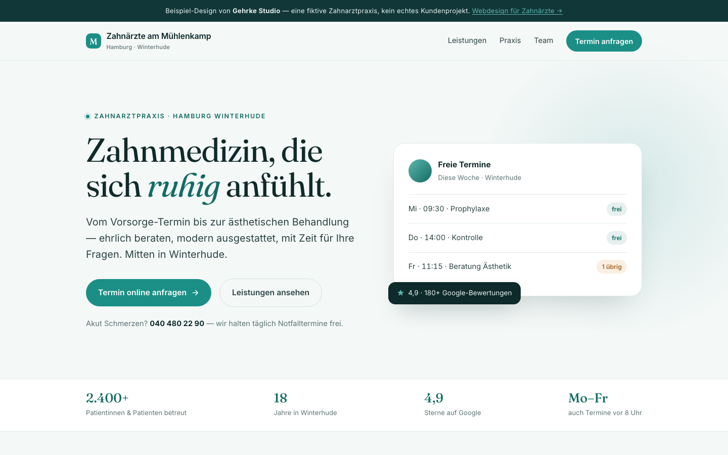 Zahnarztpraxis Website Beispiel — Zahnärzte am Mühlenkamp Hamburg